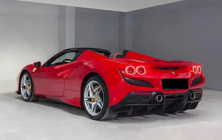 Ferrari F8 Tributo Spider Red 2023, interior — Veyra Cars, Europe. The Ferrari F8 Tributo Spider pairs a twin-turbocharged V8 producing 720 hp with a…