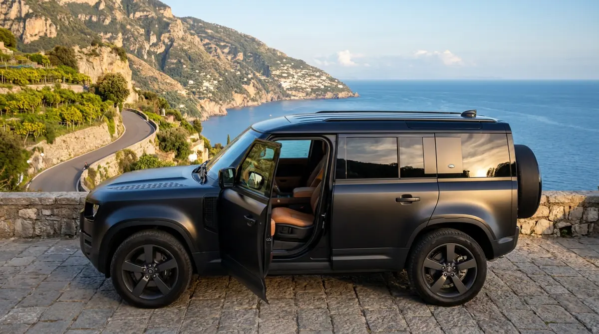 Land Rover Defender 2024, interior — Veyra Cars, Europe. The 2024 Land Rover Defender pairs a 400 hp drivetrain with genuine seven-seat capacity,…